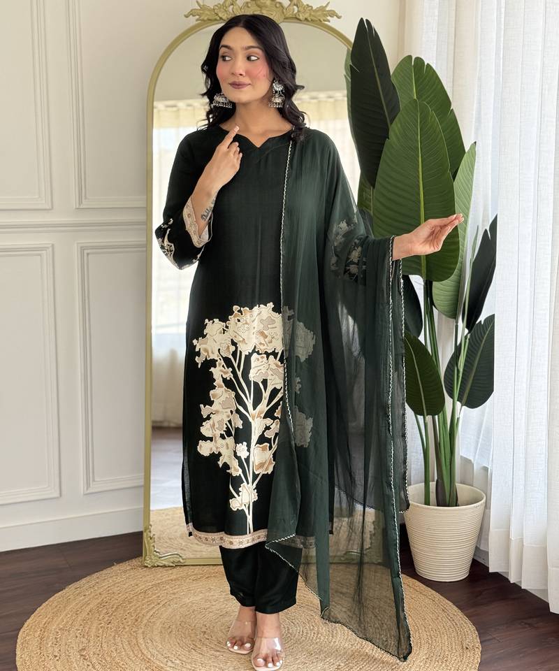 Dark green floral printed viscose rayon kurta with trousers & dupatta