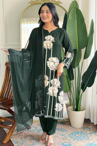 Dark green floral printed viscose rayon kurta with trousers & dupatta