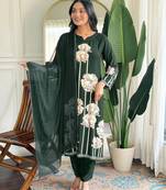 Dark green floral printed viscose rayon kurta with trousers & dupatta