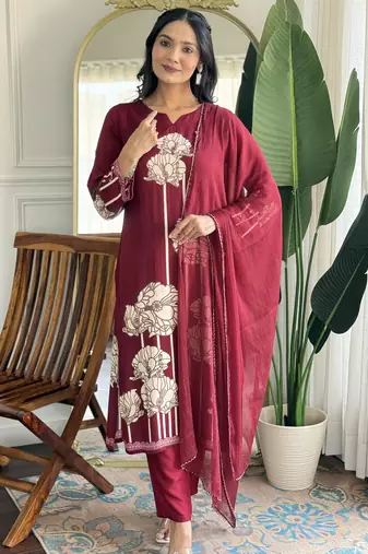 Rani pink floral printed viscose rayon kurta with trousers & dupatta