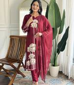 Rani pink floral printed viscose rayon kurta with trousers & dupatta