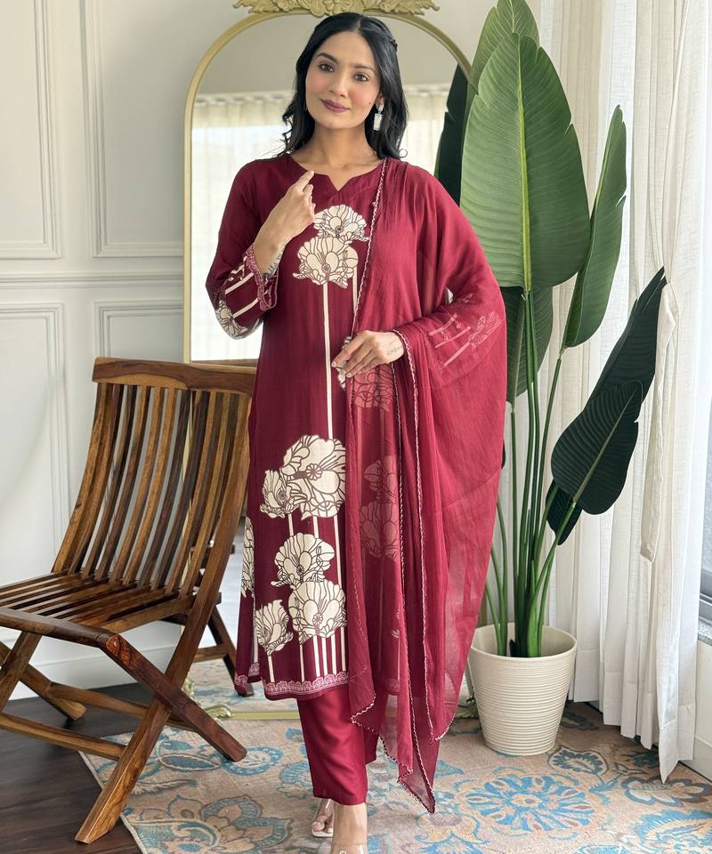 Rani pink floral printed viscose rayon kurta with trousers & dupatta
