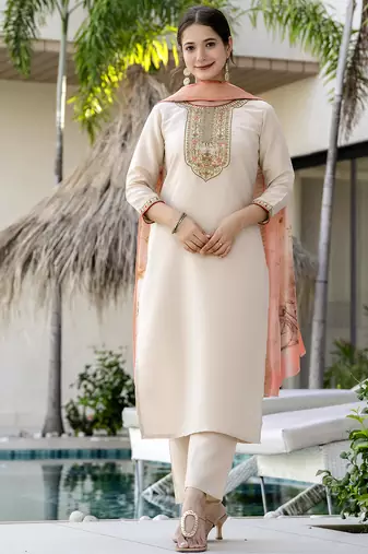Cream embroidered rayon salwar kameez