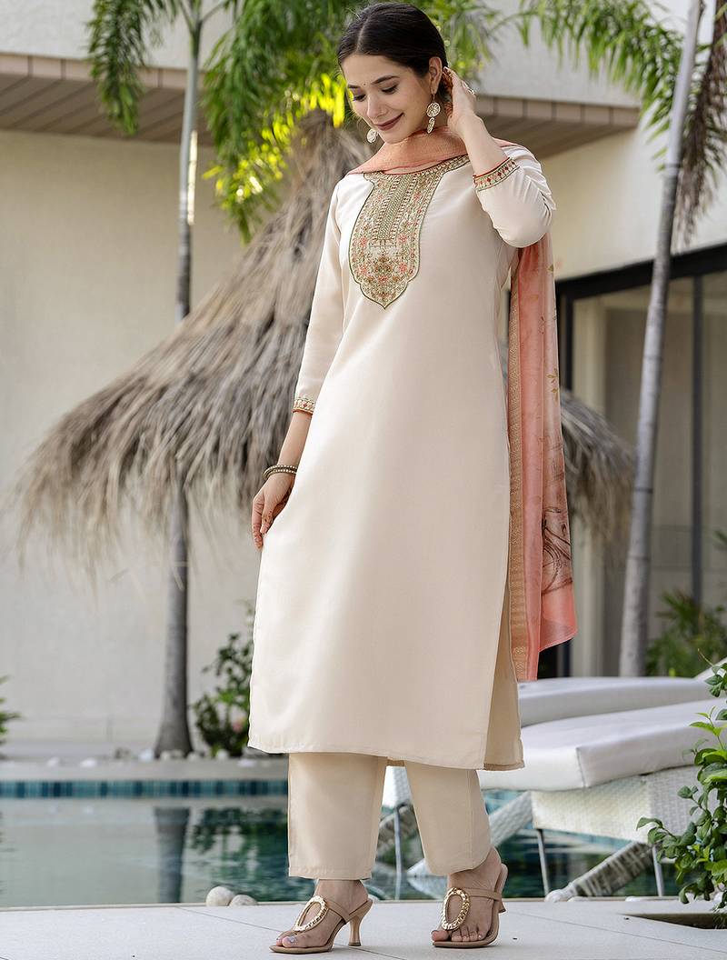 Cream embroidered rayon salwar kameez