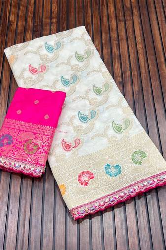 White Color Meenakari jaqurad Work Dola Silk Blend Saree