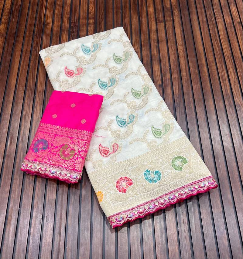 White Color Meenakari jaqurad Work Dola Silk Blend Saree