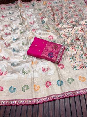 White Color Meenakari jaqurad Work Dola Silk Blend Saree 2