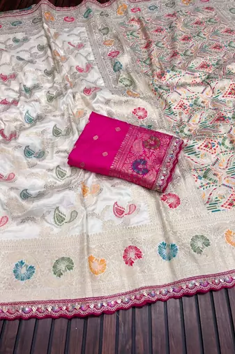 White Color Meenakari jaqurad Work Dola Silk Blend Saree