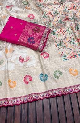 White Color Meenakari jaqurad Work Dola Silk Blend Saree 3