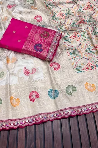 White Color Meenakari jaqurad Work Dola Silk Blend Saree