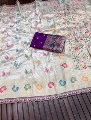 White Color Meenakari jaqurad Work Dola Silk Blend Saree 2