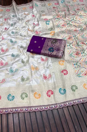 White Color Meenakari jaqurad Work Dola Silk Blend Saree