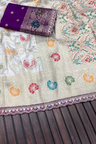 White Color Meenakari jaqurad Work Dola Silk Blend Saree
