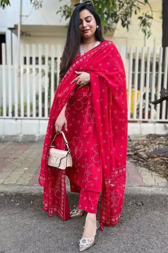 Red party wear rayon printed pant kameez suit