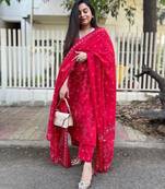 Red party wear rayon printed pant kameez suit