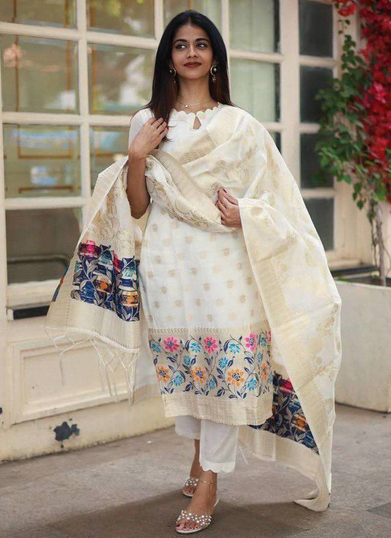 Viscose jacquard woven salwar suit in off white