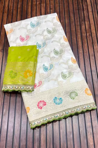 White Color Meenakari jaqurad Work Dola Silk Blend Saree