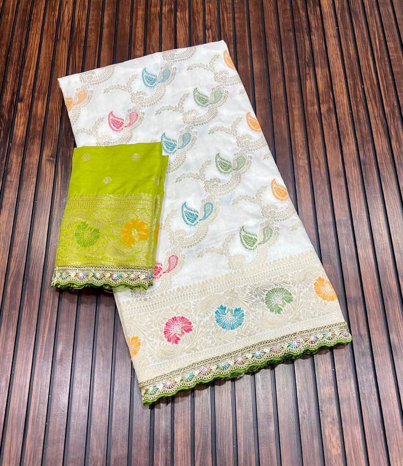 White Color Meenakari jaqurad Work Dola Silk Blend Saree