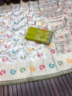 White Color Meenakari jaqurad Work Dola Silk Blend Saree 2