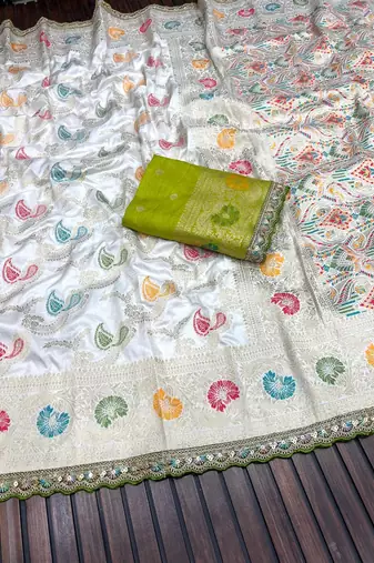 White Color Meenakari jaqurad Work Dola Silk Blend Saree
