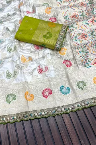 White Color Meenakari jaqurad Work Dola Silk Blend Saree