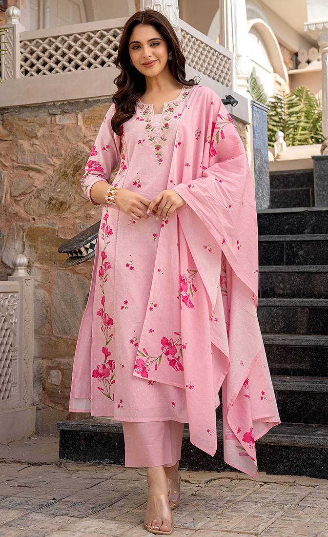 Rose pink chanderi party wear pant kameez suit