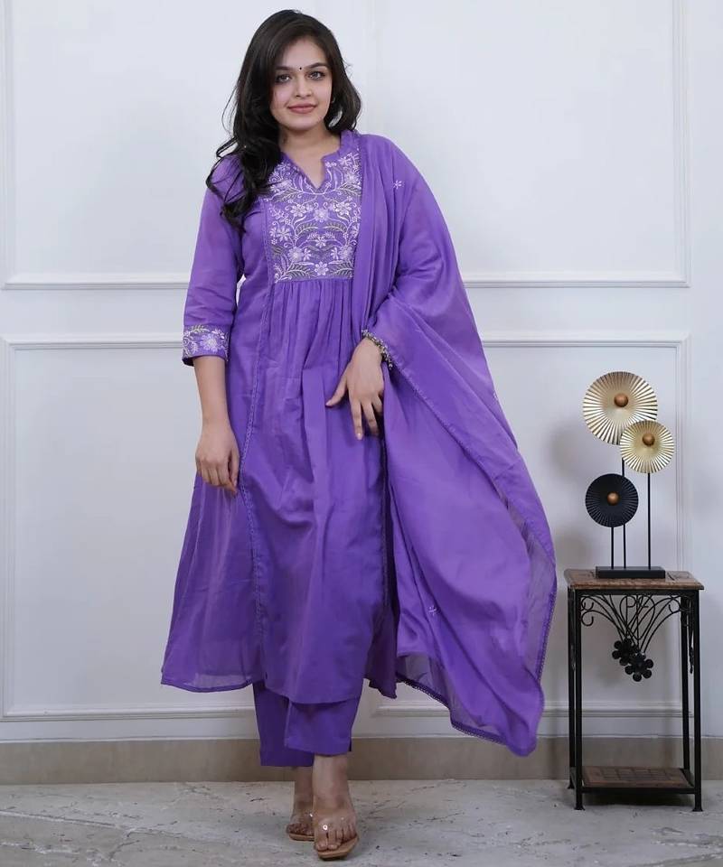 Lavender embroidered cotton salwar suit for casual
