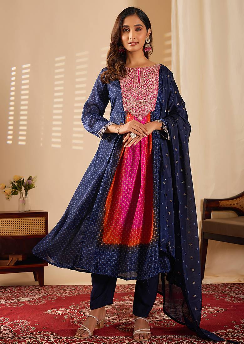 Navy blue chinon embroidered salwar kameez suit