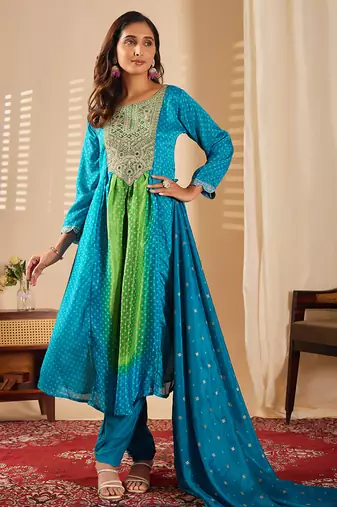 Aqua blue chinon embroidered salwar kameez suit