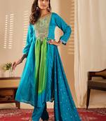 Aqua blue chinon embroidered salwar kameez suit