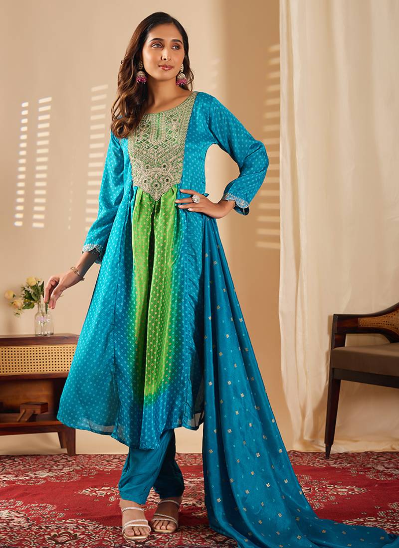 Aqua blue chinon embroidered salwar kameez suit