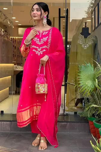Embroidered hot pink viscose silk trendy salwar kameez