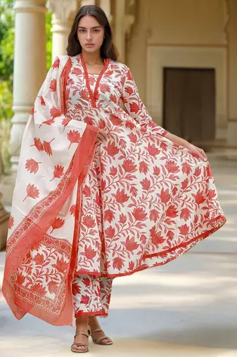 White & red cotton printed trendy salwar kameez