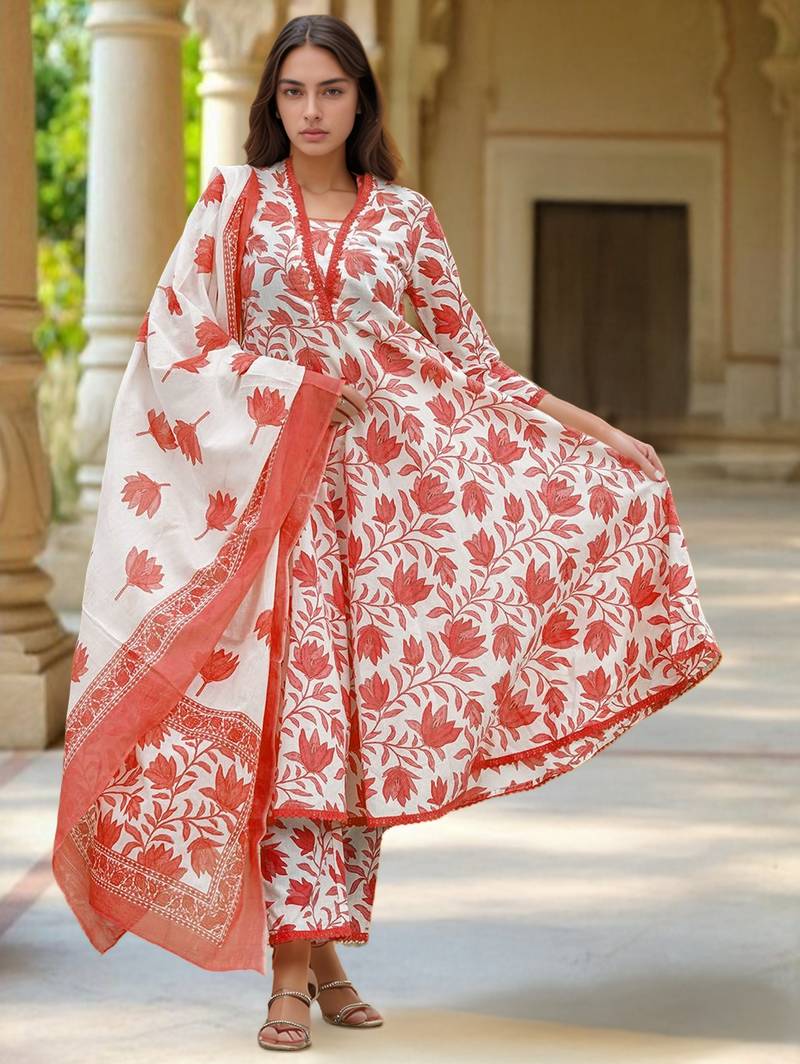 White & red cotton printed trendy salwar kameez