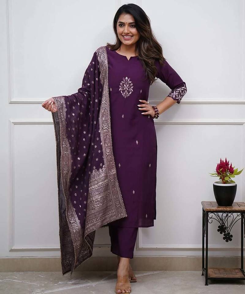 Embroidered work chanderi silk readymade salwar suit in purple for women
