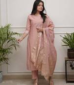 Embroidered work chanderi silk readymade salwar suit in peach for women