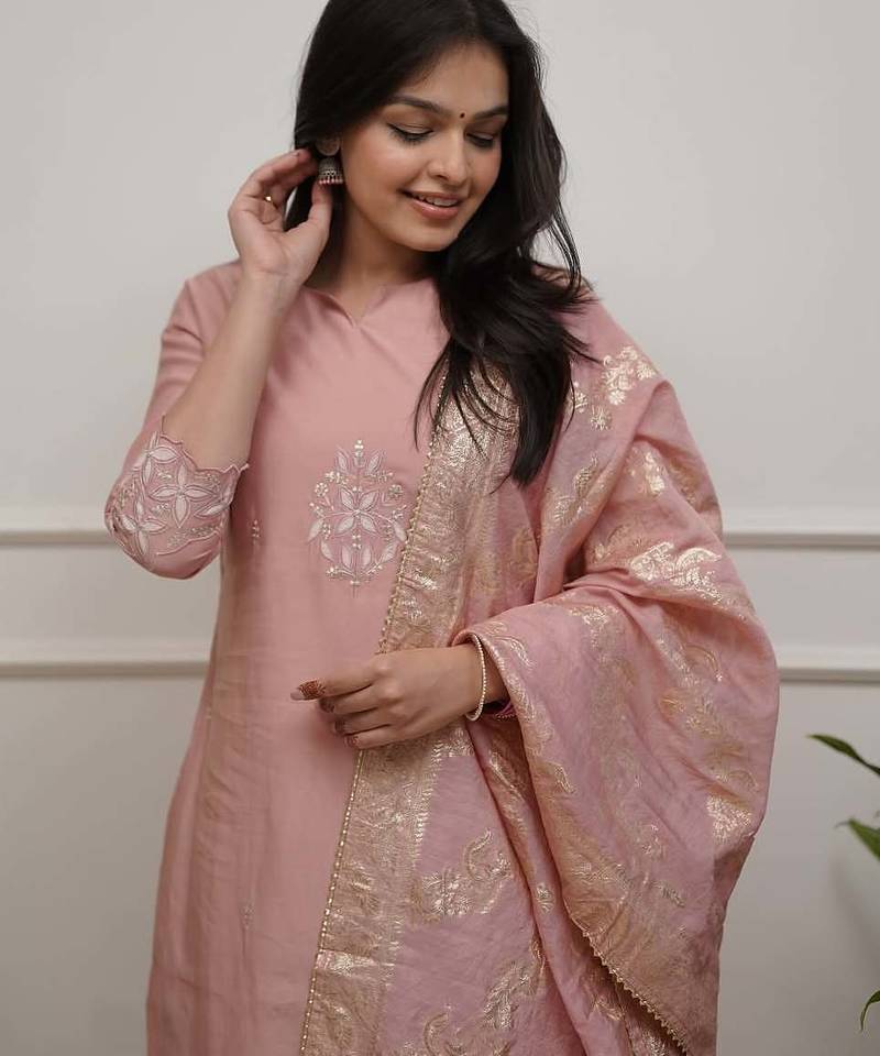 Embroidered work chanderi silk readymade salwar suit in peach for women