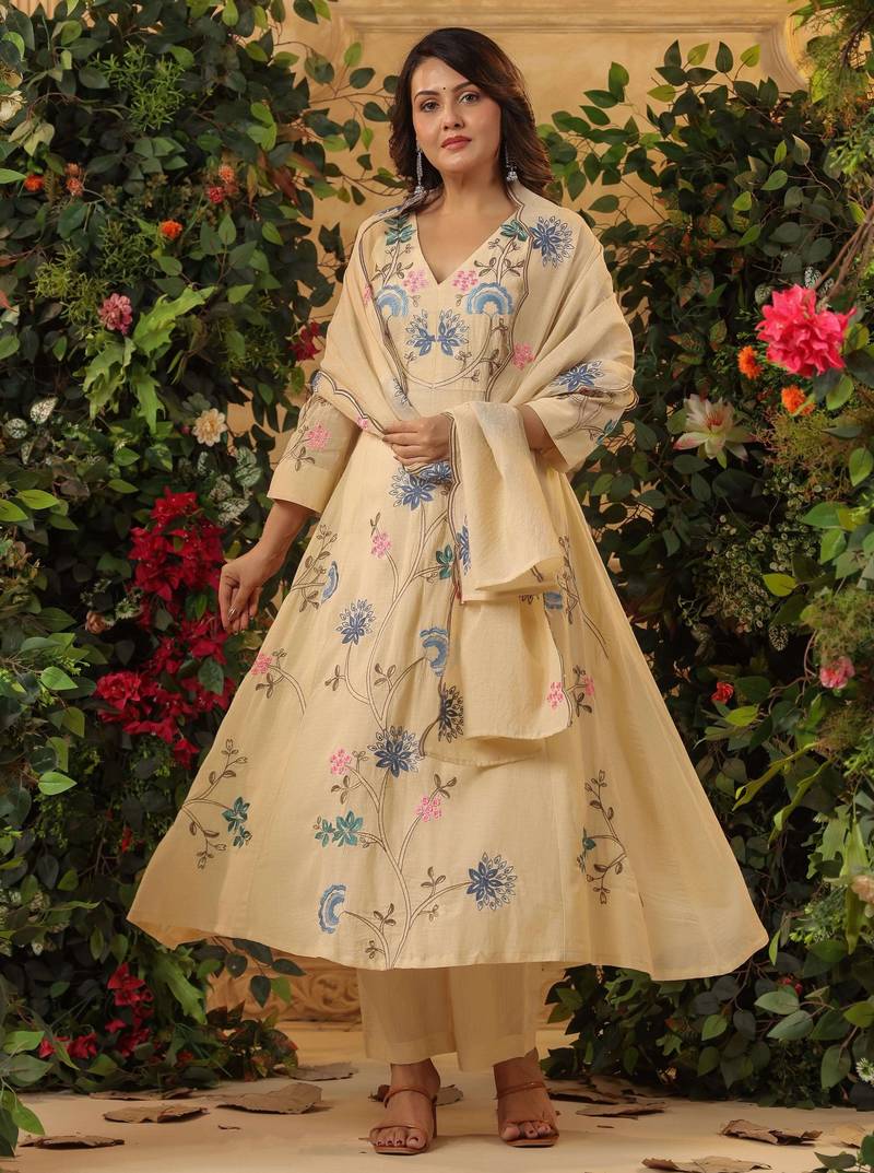 Embroidered chanderi salwar suit in beige
