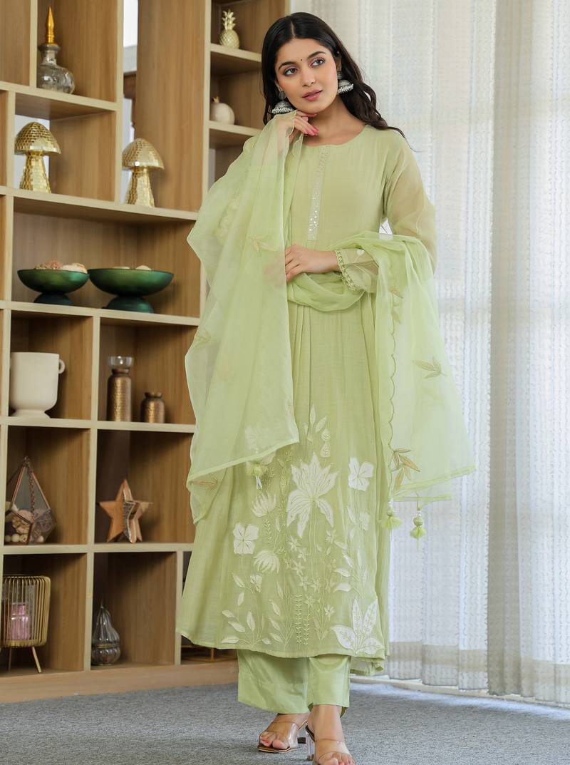 Light pista green chanderi silk embroidered salwar kameez