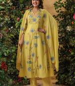 Embroidered chanderi salwar suit in lemon