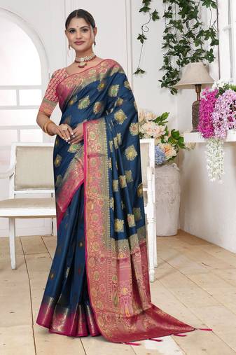 Navy Blue Dola Silk Saree with Rich Gold Zari Border & Contrast Pink Designer Pallu | Festive & Wedding Wear