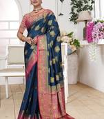 Navy Blue Dola Silk Saree with Rich Gold Zari Border & Contrast Pink Designer Pallu | Festive & Wedding Wear