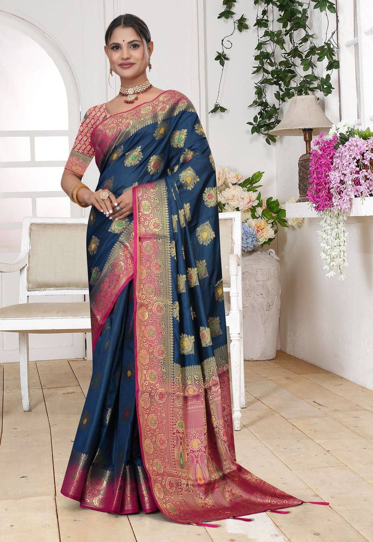 Navy Blue Dola Silk Saree with Rich Gold Zari Border & Contrast Pink Designer Pallu | Festive & Wedding Wear