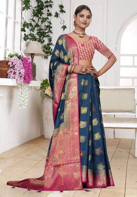 Navy Blue Dola silk blend Saree with Rich Gold Zari Border & Contrast Pink Designer Pallu | Festive & Wedding Wear 2