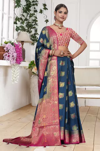 Navy Blue Dola silk blend Saree with Rich Gold Zari Border & Contrast Pink Designer Pallu | Festive & Wedding Wear