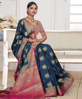Navy Blue Dola silk blend Saree with Rich Gold Zari Border & Contrast Pink Designer Pallu | Festive & Wedding Wear 3