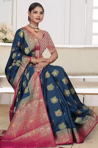 Navy Blue Dola silk blend Saree with Rich Gold Zari Border & Contrast Pink Designer Pallu | Festive & Wedding Wear