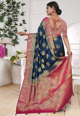 Navy Blue Dola silk blend Saree with Rich Gold Zari Border & Contrast Pink Designer Pallu | Festive & Wedding Wear 4