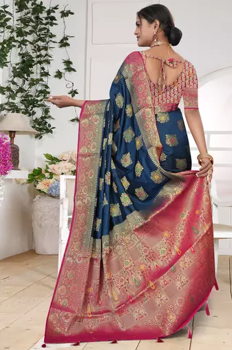 Navy Blue Dola silk blend Saree with Rich Gold Zari Border & Contrast Pink Designer Pallu | Festive & Wedding Wear