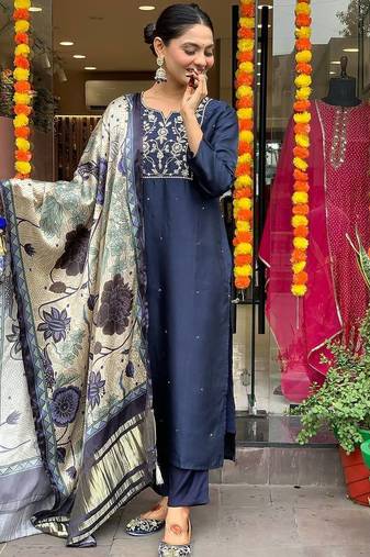 Navy blue embroidered chanderi viscose kurta set with dupatta